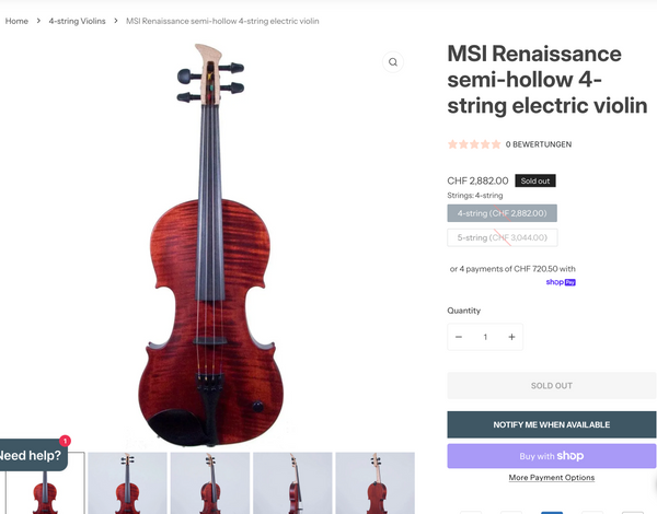 Elektrische Violine MSI Renaissance semi-hollow 4 string kaufen gebraucht occasion musikbörse ricardo.ch
