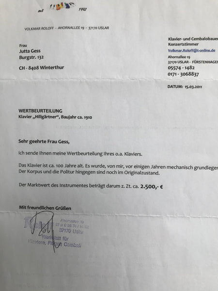 Klavier Hillgärtner Hofliferant