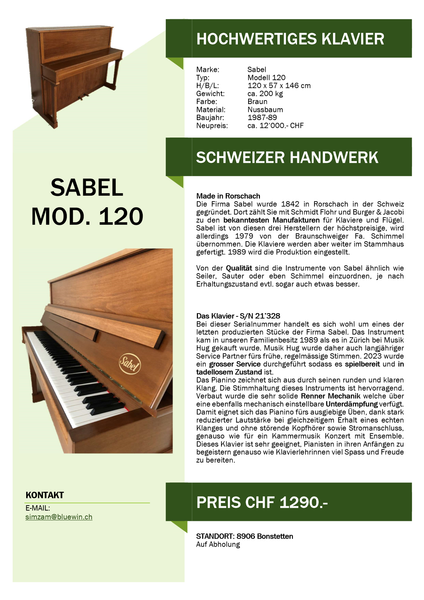 Klavier Sabel Modell 120 kaufen gebraucht occasion musikbörse ricardo.ch