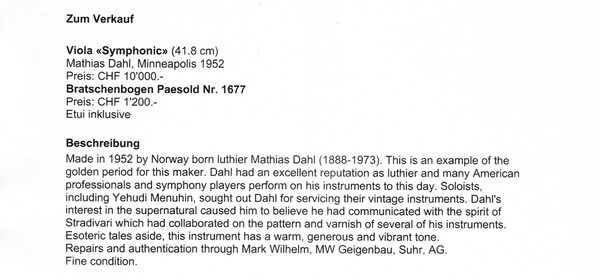 Viola Symphonic Mathias Dahl 1952 Bratsche kaufen gebraucht occasion musikbörse ricardo.ch