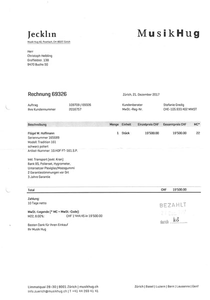 Flügel W. Hoffmann Modell Tradition 161 kaufen gebraucht occasion musikbörse ricardo.ch